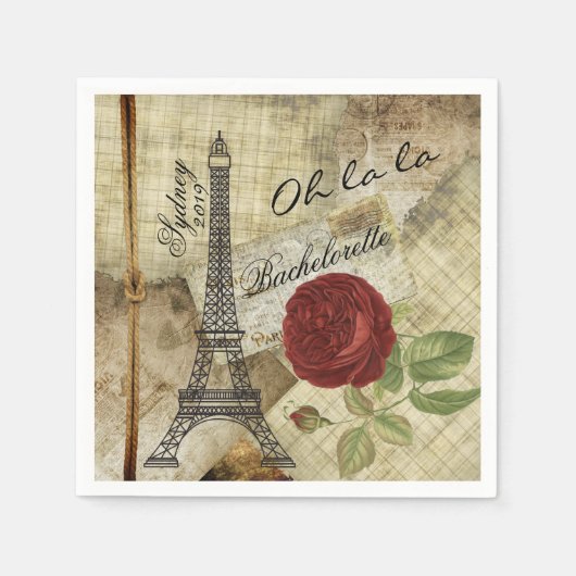 ヴィンテージパリスタイル – レッドローズ – バチェロレッテ スタンダードカクテルナプキン (正面)