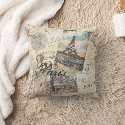 ヴィンテージパリスデクページランドマークスタイポグラフィ クッション (ブランケット)