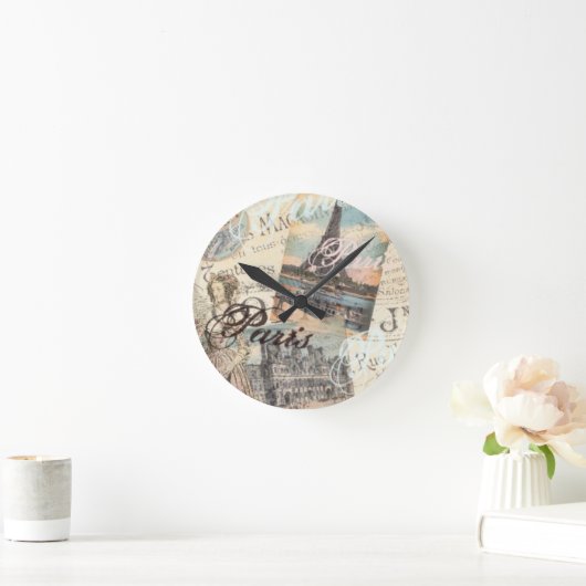 ヴィンテージパリスデクページランドマークスタイポグラフィ ラウンド壁時計 (ホーム)