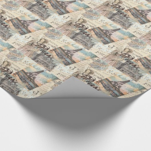ヴィンテージパリスデクページランドマークスタイポグラフィ ラッピングペーパー (角)