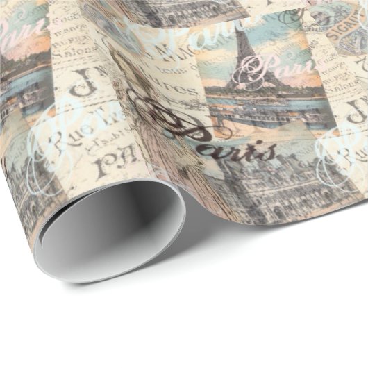 ヴィンテージパリスデクページランドマークスタイポグラフィ ラッピングペーパー (ロールコーナー)