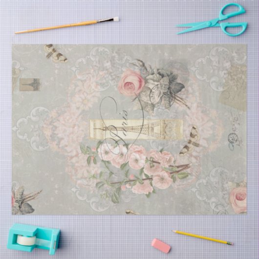 ヴィンテージパリスピンクフラワーズエッフェルタワーデクページ 薄葉紙 (クラフト)