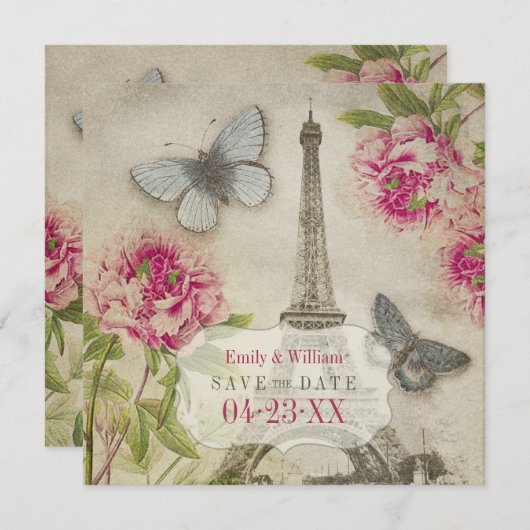 ヴィンテージパリス牡丹結婚式の日付を保存 セーブザデート (正面/裏面)