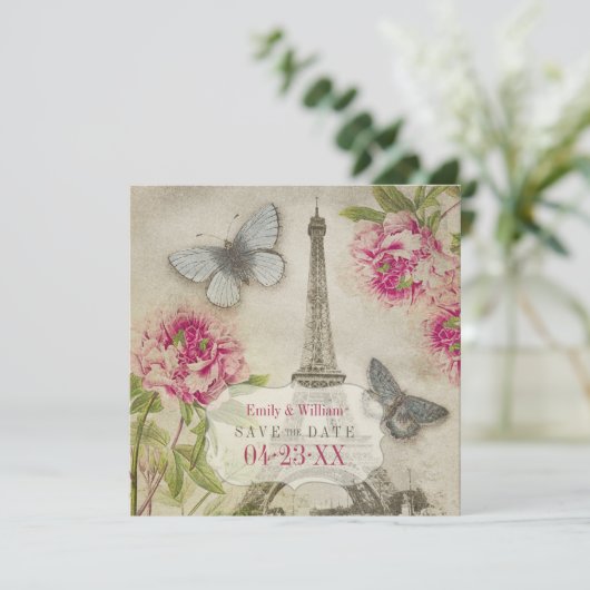 ヴィンテージパリス牡丹結婚式の日付を保存 セーブザデート (スタンド正面)