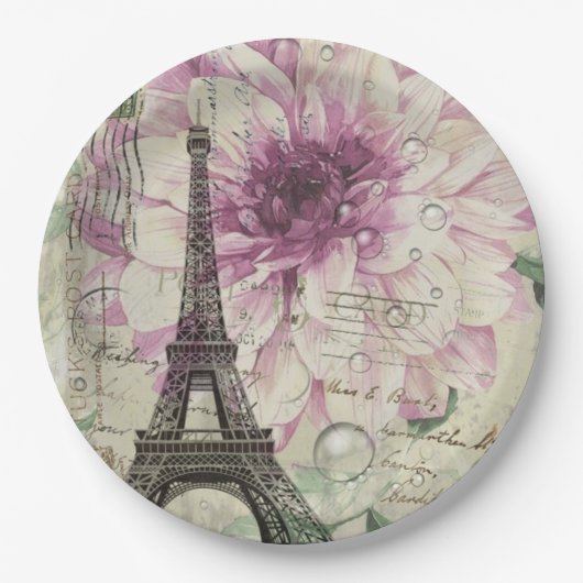 ヴィンテージパリパーティーフランスのボタニカルエッフェルタワー ペーパープレート (正面)