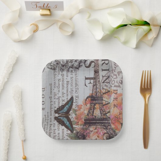 ヴィンテージパリパーティーフランスのボタニカルエッフェルタワー ペーパープレート (ウェディング)