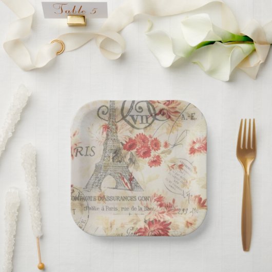 ヴィンテージパリパーティーフランスのボタニカルエッフェルタワー ペーパープレート (ウェディング)