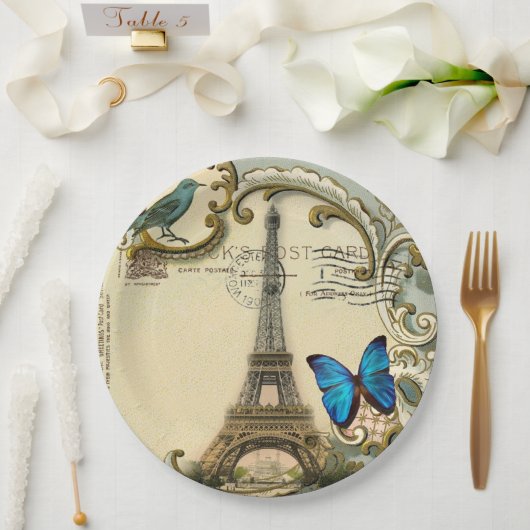ヴィンテージパリパーティーフランスのボタニカルエッフェルタワー ペーパープレート (ウェディング)