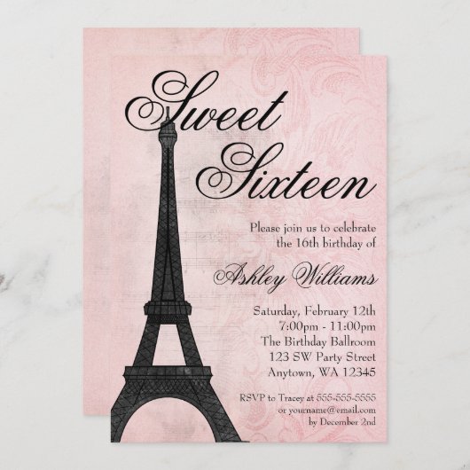 ヴィンテージパリピンクブラックスウィート16誕生日 招待状 (正面/裏面)