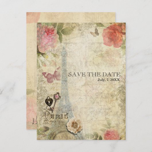ヴィンテージパリピンクローズウェディングザデイトを保存 案内ポストカード (正面/裏面)