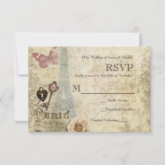 ヴィンテージパリピンクローズロック&鍵ウェディングRSVP 出欠カード (正面)
