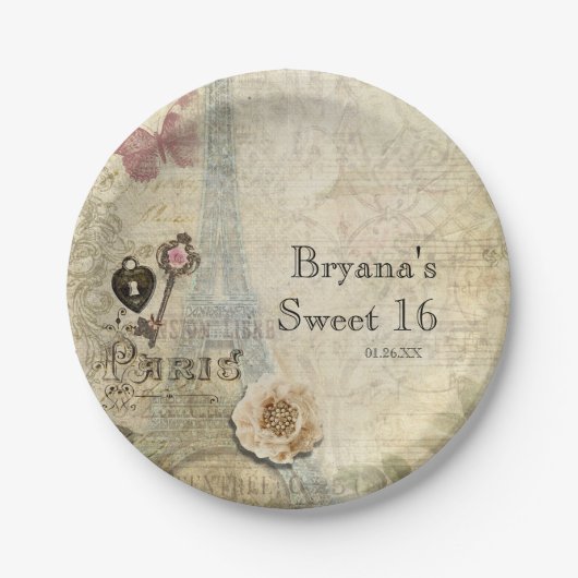 ヴィンテージパリピンクローズロック&鍵シック結婚ズ ペーパープレート (正面)