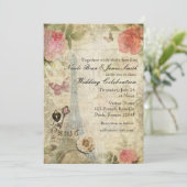 ヴィンテージパリピンクローズロック&鍵結婚ズ 招待状 (スタンド正面)