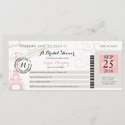 ヴィンテージパリフランスブライダルシャワーボーディングパス 招待状 (正面/裏面)