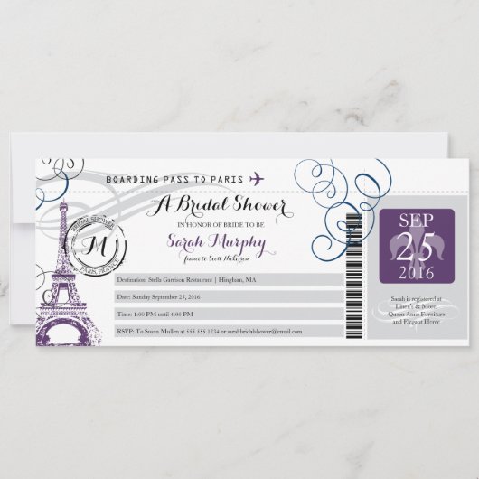 ヴィンテージパリフランスブライダルシャワーボーディングパス 招待状 (正面)