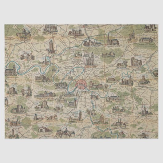 ヴィンテージパリフランスマップティッシュペーパーまたはデクページ 薄葉紙 (正面)