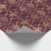 ヴィンテージパリブルガンディレッド&金ゴールドダマスク ラッピングペーパー (角)