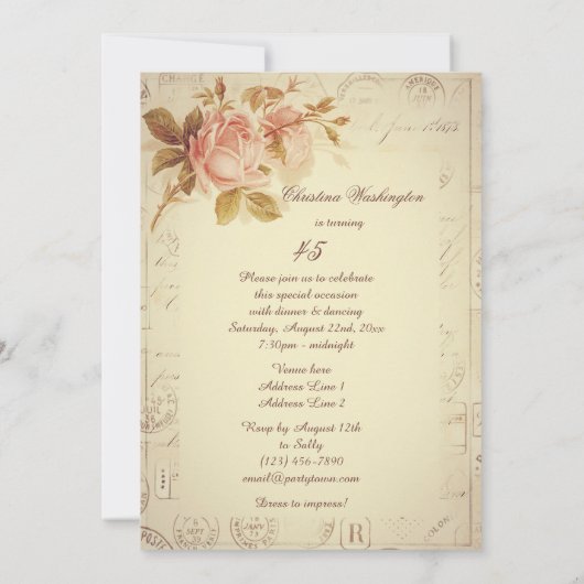 ヴィンテージパリポストマークシックバラ45th誕生日 招待状 (裏面)