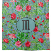 ヴィンテージパリポストマーク花模様ティール(緑がかった色)モノグラム シャワーカーテン (正面)