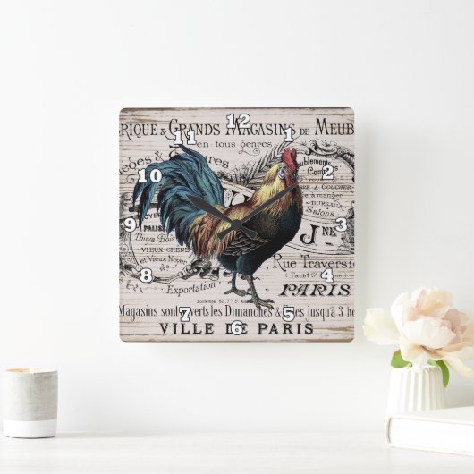 ヴィンテージパリロスターカントリーウォールデコール スクエア壁時計 (ホーム)