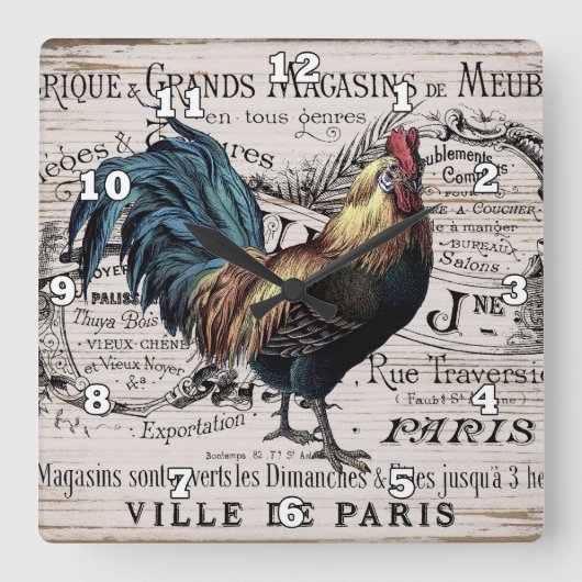 ヴィンテージパリロスターカントリーウォールデコール スクエア壁時計 (正面)