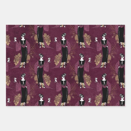 ヴィンテージパリワインをテーマにしたブルゴーニュと金ゴールド ラッピングペーパーシート (正面)