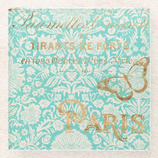 ヴィンテージパリ金ゴールドデザインと蝶 ガラスコースター (正面)