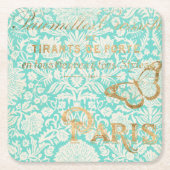 ヴィンテージパリ金ゴールドデザインと蝶 スクエアペーパーコースター (正面)