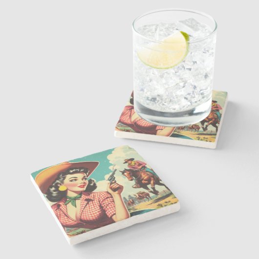 ヴィンテージパルプ女性のカーボーイイラストレーション ストーンコースター (横)