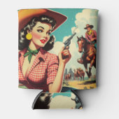 ヴィンテージパルプ女性のカーボーイイラストレーション 缶クーラー (正面)