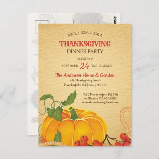ヴィンテージパンプキンサンクスギビング招待状 ポストカード (正面/裏面)