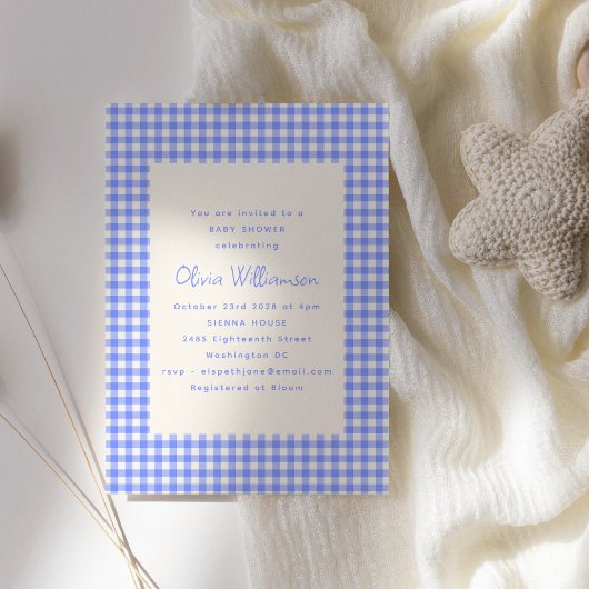 ヴィンテージパーウィンクルギンガムプレイドキュート赤ちゃんシャワー 招待状