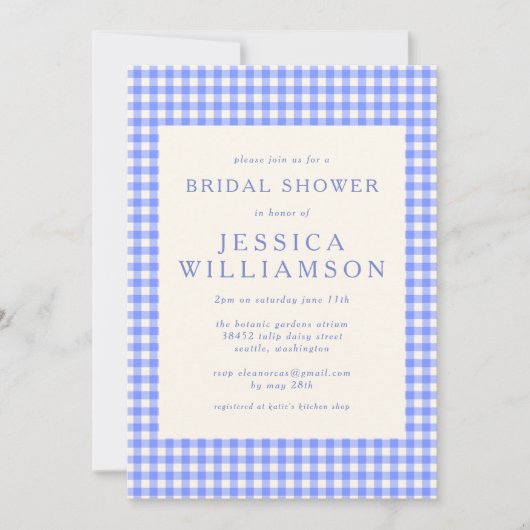 ヴィンテージパーウィンクルギンガムプレイドブライダルシャワー 招待状 (正面)