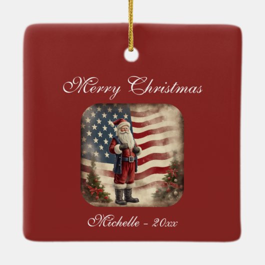 ヴィンテージパーソナライズされたアメリカ国旗サンタクリスマス セラミックオーナメント (裏面)