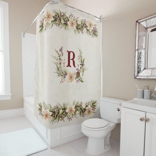 ヴィンテージパーソナライズされたアンティークホワイトポインセチア シャワーカーテン (インサイチュ)
