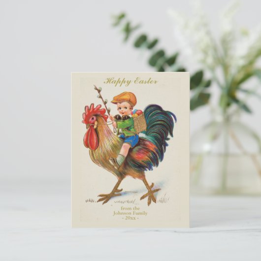 ヴィンテージパーソナライズされたイースターエッグ狩りボーイロスター シーズンポストカード (スタンド正面)