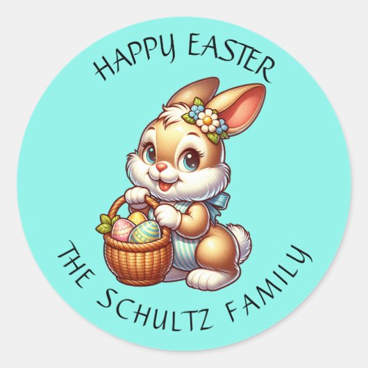 ヴィンテージパーソナライズされたイースターバニーとバスケット ラウンドシール (正面)
