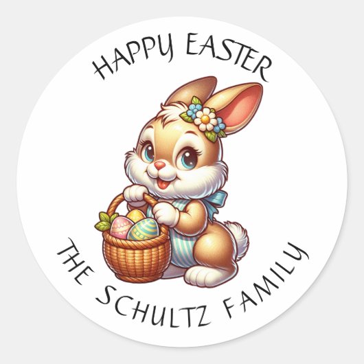 ヴィンテージパーソナライズされたイースターバニーとバスケット ラウンドシール (正面)