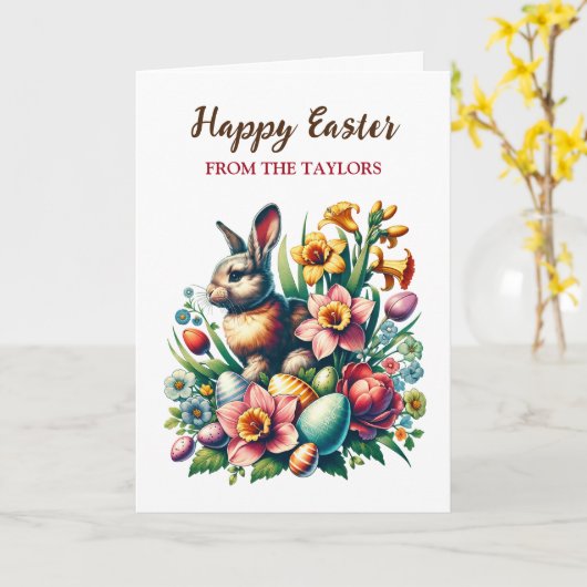 ヴィンテージパーソナライズされたイースターバニーと花 カード (黄色い花)