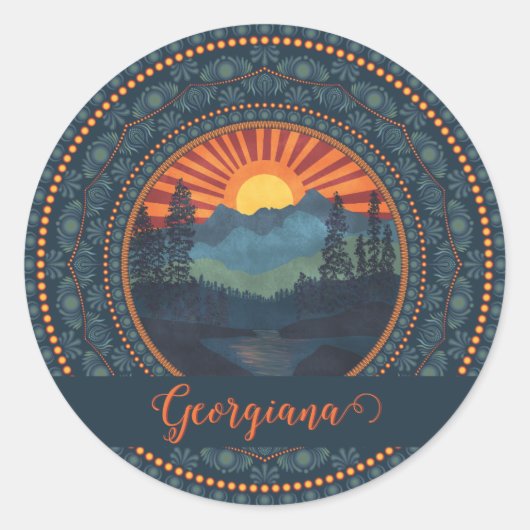 ヴィンテージパーソナライズされたウィルダネスサンセットドットマンダラ ラウンドシール (正面)
