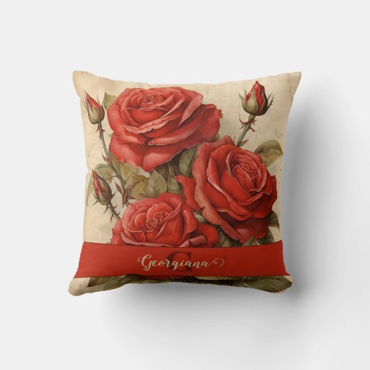 ヴィンテージパーソナライズされたウォーター色フローラレッドローズ クッション (裏面)