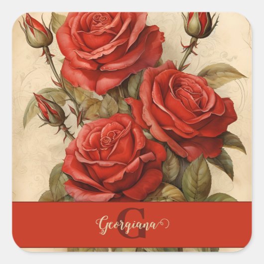 ヴィンテージパーソナライズされたウォーター色フローラレッドローズ スクエアシール (正面)