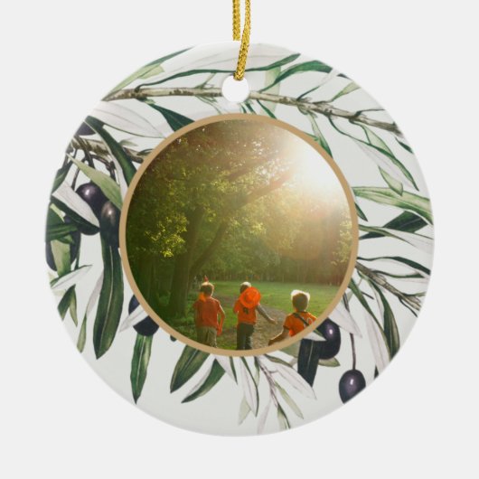 ヴィンテージパーソナライズされたオリーブブランチハッピーホリデイズ セラミックオーナメント (正面)