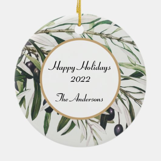 ヴィンテージパーソナライズされたオリーブブランチハッピーホリデイズ セラミックオーナメント (裏面)