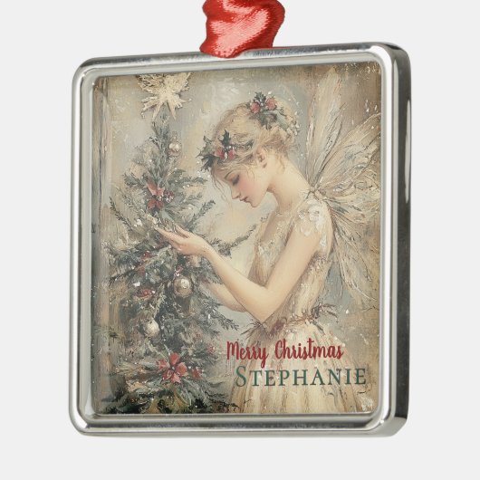 ヴィンテージパーソナライズされたクリスマスの妖精と木 メタルオーナメント (左)