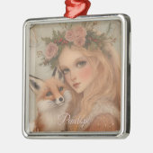 ヴィンテージパーソナライズされたクリスマスガール&キツネキープサケ メタルオーナメント (左)