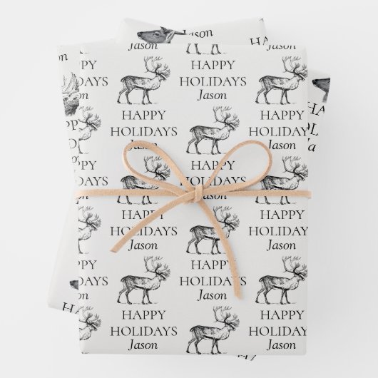 ヴィンテージパーソナライズされたクリスマスディアハッピーホリデー ラッピングペーパーシート (インサイチュ)