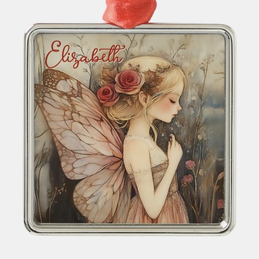 ヴィンテージパーソナライズされたクリスマスフェアリーとバラ メタルオーナメント (正面)