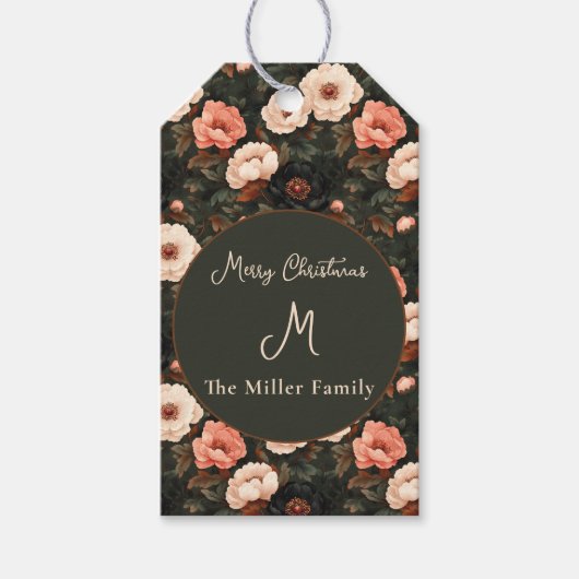 ヴィンテージパーソナライズされたクリスマスフローラ牡丹ピンク ギフトタグ (正面)