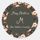 ヴィンテージパーソナライズされたクリスマスフローラ牡丹ピンク ラウンドシール (正面)